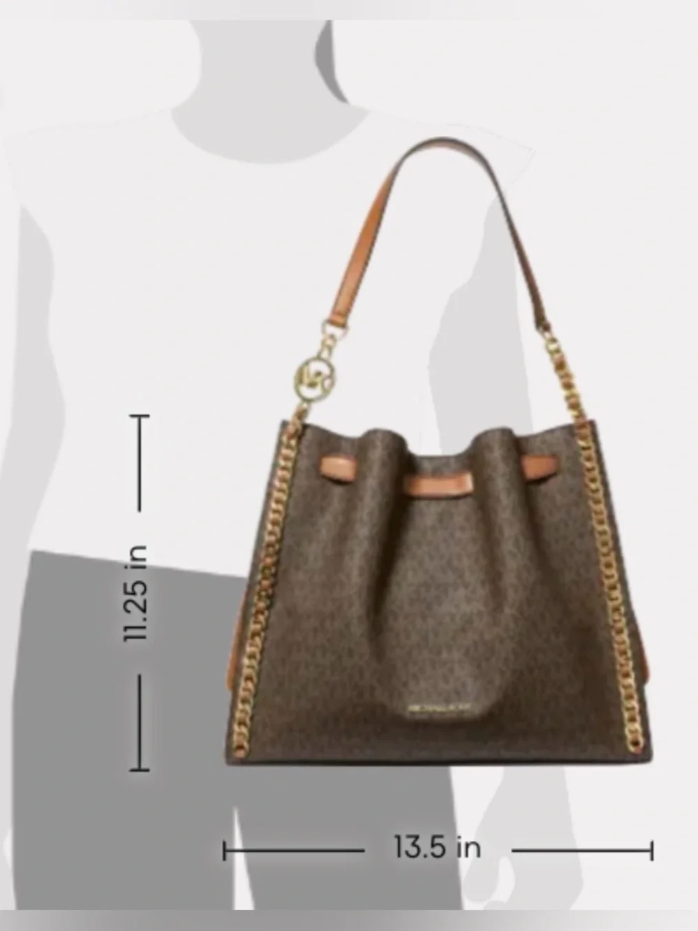 Michael Kors Brown and Tan MK Logo Chain-Trim Large Shoulder Bag